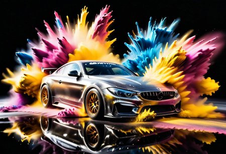GOLD LIQUID METAL sports car, race car, racing through SILVER LIQUID METAL, liquid metal sprays up from the cars tyres, Car drifting in a black void, huge Colorful Powder Explosion above the car