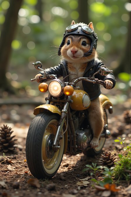 A professional photograph of A mischievous chipmunk sporting aviator goggles and a spiked leather jacket zips through the forest on a makeshift motorcycle built from twigs and vines. The wheels are perfectly round slices of mushrooms, with specks of glowing fungi serving as headlights. The handlebars are twisted branches, and the exhaust pipes puff out tiny bursts of dandelion fluff with each rev of the engine. Around him, fallen pine cones line the dirt path like tiny road markers, and birds perched on the trees look on in surprise. The forest floor, covered in moss and leaves, becomes a whimsical racetrack as the chipmunk leans into turns, his tiny helmet gleaming under the dappled sunlight filtering through the trees.<lora:aidmaMJ6.1-FLUX-V0.1:0.6><lora:Movie_Portrait><lora:Flux DetailerV2>