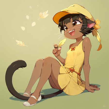 score_9, score_8_up, score_7_up, score_6_up, score_5_up, score_4_up, score_9, score_8_up, low light, solo, 1girl, ovypep,  petite, black hari, slender, dark skin, anthro cat, whiskers, small ears, slender tail, cute face, yellow dress from the 20's, big yellow cloche hat with feather, sitting on the floor, rubbing her back, laughing, busy bar,  <lora:Ivypepper:1>SATSUKIITSUKASTYLEBYRR, SATSUKIITSUKA,  <lora:SatsukiItsukaStylebyRR:1>, <lora:more_details:1>  <lora:xl_more_art-full_v1:1> <lora:ugly_style:-1>, ZPDXL