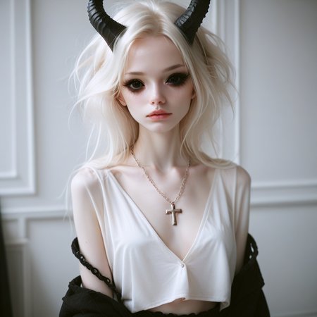 score_9_up, score_8_up, score_7_up, 
1girl, solo, <lora:bdemonpony011:1>, colored skin, pale skin, black skin, black hands, black feet, pitch black eyes, monster girl, skinny, anorexic, slim, horns, white hair,  
chain necklace, cross necklace, bracelets, white shirt and plaid skirt, 
indoors, dark black room, music decorations, 80's punk style, solo,  <lora:Skin Color_alpha1.0_rank4_noxattn_250steps:-1.5>