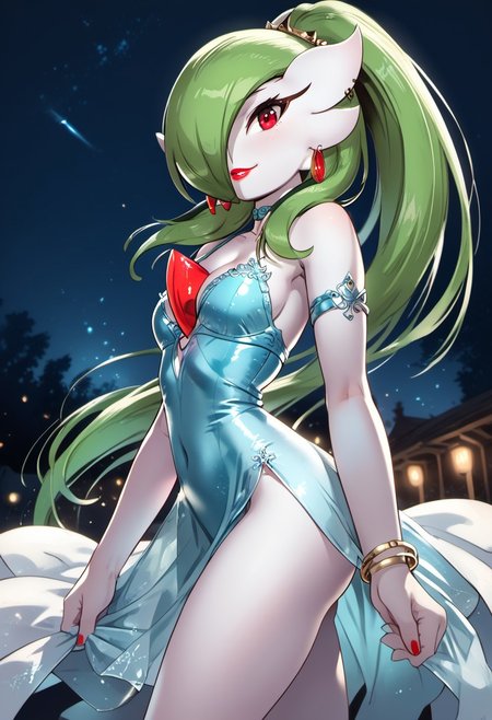 (((gardevoir))), female, anthro, pale white skin, score_9, score_8_up, score_7_up,, rating_questionable,
Gardevoir, 1girl, lipstick, solo, jewelry, green hair, black eyes,  cleavage, smile, earrings, choker, hoop earrings, bangle, ponytail, high ponytail, bare shoulders,
small breasts, almost flat chest, slim, pale white skin,   nice round ass, red lipgloss, HD32k, dynamic pose, aesthetic, perspective, solo, detailed, sensual look, pinup pose, night, outdoor, , sensual look, pinup pose, starrynightdress, front view, y0mUy4k4d4sh1