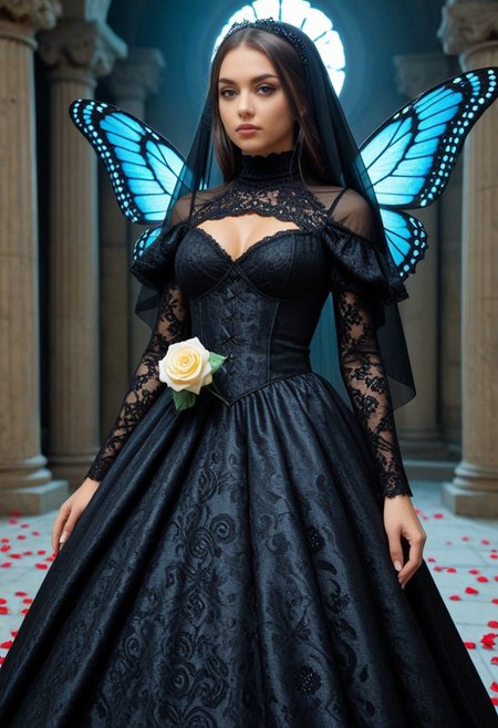 score_9, score_8_up, score_7_up, score_6_up, rating_safe,  view from below, full body, dark_ skin kwf girl,  semi_realistic, detailed face, emo  pink makeup, short hairs, veil made from  lace, (turtleneck  dress with  carbonfiber embroidery), delicate but oversized butterfly wings made of carbon fiber,  Her wings somehow stealing light ,star shaped eye pupils, looking down,
biolumen, holding a single white rose made from ruby, the  contur of the rose petals glow like starry night, inside dark misterius temple, dim light, intricate details, horror theme,  detailed background, detailed rastr, matte_color, flat_color, ScribbleRay
