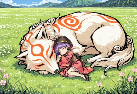 safe_pos, source_anime, high res image, masterpiece, perfect quality, best quality, newest, absurdres, highres, scenic, ultra detailed face, detailed eyes, accurate anatomy,
tokiame, ink, okamistyle,
sdxl_lightning_4step_lora_rank1,
HDR,
(Travelsizedgirl:1.3),
(1girl, sukuna shinmyoumaru, 
kimono, minigirl, bowl_hat, obi, lying on another's body, sleeping, (microgirl:1.3), (size difference:1.3)),
(amaterasu okami, side-lying, curl body),
on a low mountain, flower field, grass, daytime,
close up, extreme close-up shot