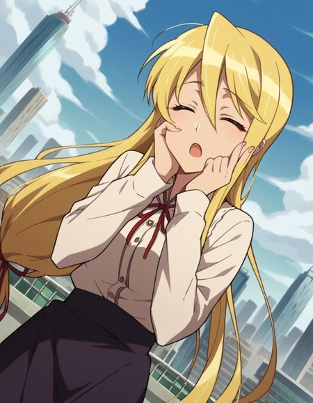 score_9, score_8_up, score_7_up, source_anime,
shizukamarikawa, <lora:shizuka-marikawa-ponyxl-lora-nochekaiser:1>,
shizuka marikawa, long hair, blonde hair, very long hair, low-tied long hair, closed eyes, hair between eyes, hand on own cheek, open mouth,
skirt, shirt, long sleeves, ribbon, white shirt, frills, centered frills,
outdoors, cityscape,
looking at viewer, cowboy shot, dutch angle,