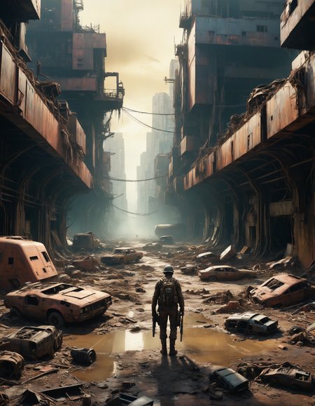 by Mikalojus Ciurlionis and Travis Louie, hyper realistic full view photo of  a (post-apocalyptic wasteland with remnants of advanced technology and survivors scavenging for resources:1.1),  (striking , mysterious , grotesque , massive , masterful:1.4), bold lines, hyper detailed, award winning, limited color palette, high contrast, depth of field, (intricate details, masterpiece, best quality:1.4)
dramatic cinematic lighting, film grain, looking at viewer, dynamic pose, wide angle panoramic view,
<lora:add-detail-xl:0.5> <lora:xl_more_art-full_v1:0.5> <lora:looking_at_viewer:2>
