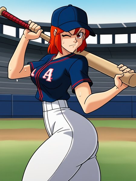 score_9,, 
girl holding a baseball bat, stadium, sweat, cap, baseball uniform, medium breasts, narrow waist, wide hips, thick thighs, looking at viewer, cowboy shot, dynamic pose, cute, wide shot, solo, sexually suggestive, light smile, one eye closed, angry, from side, 
XmenEvo, flat color, official style, cartoon style, <lora:AXmenEvolutionXL_Style:1>