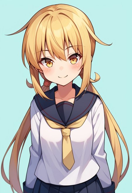 score_9, score_8, score_7, source_anime, satsuki (kancolle), low twintails, 1girl, solo, looking at viewer, blush, long sleeves, smile, school uniform