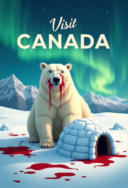 Travel Poster. Print  "Visit Canada". Polar bear with blood all over its face and the snow surrounding it. Igloo nearby. Northern lights sky
vntgtrvlpstrCE style