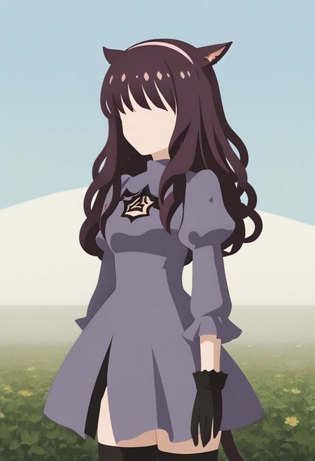 MinimalStyle, simple, faceless female, beautiful, extremely detailed, vector, headshot,  no2 type b dress, source_anime, newest, 1girl, solo, dress, thighhighs, outdoors, cat ears, miqo'te, purple hair, curly hair, long hair, hairband,  puffy sleeves, purple dress, standing, portrait,  gloves, BREAK PonyXLV6_Scores