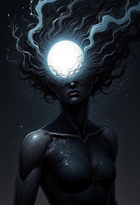 nistyle, manga-style, a dark, surreal style image with a fantastical busty woman,where the face is obscured by a glowing orb filled with a swirling, chaotic mass of dark energy. her curly hair that seems to emanate from this orb, which is the focal point of the image. emits a bright, pulsing light that illuminates the surrounding darkness, creating a dramatic contrast. The hair appears to be made of swirling, ethereal energy, with intricate, lightning-like patterns radiating from the glowing orb. wearing a skintight bodysuit.