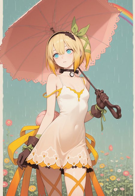 IllusP0s, clear eyes, detailed eyes,

vdsur, surreal, colorful background, rainbow order, 

1girl, solo, aaedna, short hair, blonde hair, side ponytail, hair ribbon, black hairband, blue eyes, small breasts, black choker, single glove, strap slip, white dress, brown gloves, leg ribbon, yellow ribbon,  colorful umbrella, holding umbrella, rain, rainbow sunset