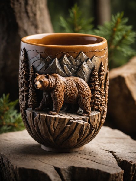photo of artistic stone cup with 3d carving, brown bears the mountain forest theme, ornamented by amber accents, masterpiece of art, visually stunning, intricate details, sharp focus,55mm f/ 1. 8 lens,  depth of field, natural daylight