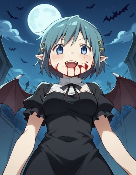 score_9, score_8_up, score_7_up, source_anime, <lora:sayaka-miki-s1-ponyxl-lora-nochekaiser:1>, sayaka miki, short hair, blue eyes, hair ornament, blue hair, hairclip, medium breasts,, <lora:vampire-ponyxl-lora-nochekaiser:1>, vampire, red eyes, pointy ears, fangs, black dress, wings, blood, blood on face, blood on mouth, bat (animal), halloween, halloween costume, upper teeth only, night, moon, blush, smile, open mouth, , dutch angle, cowboy shot