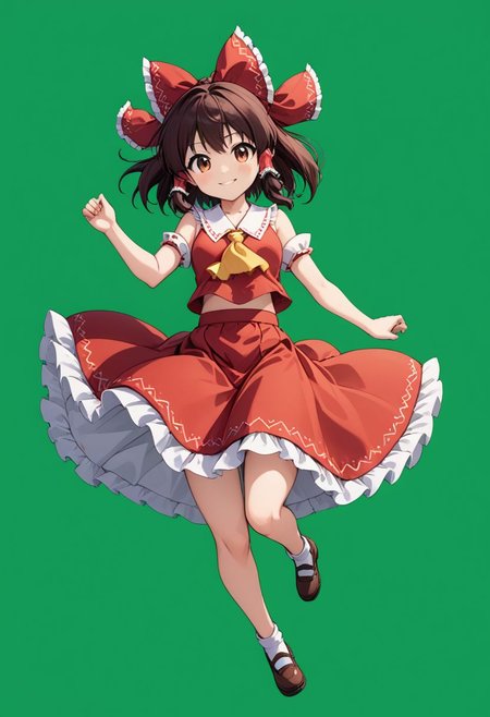 hakurei reimu, 1girl, red_bow, hair_bow,  frilled_bow, frilled_hair_tubes, w, :o, sakura skirt<lora:hakurei_reimu_image6409_2023-12-06-000004:1>,symbol-shaped_pupils,. gorgeous,key visual, vibrant, studio anime,award-winning, professional, highly detailed,high budget, cinemascope, jump, fantasy, masterpeice, sakura skirt, smile, creative, artwork, magic, floating , jump forward, energetic, simple backgound, single color background, charming, wind,green screen