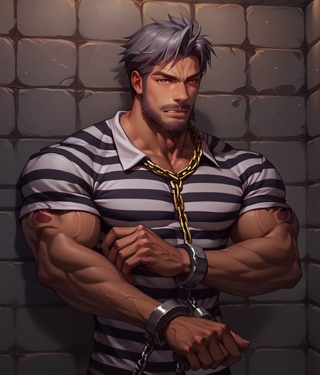 score_9, score_8_up, realistic, rating_questionable, bif, facial hair, beard, 
<lora:clothes_prison-clothes-ponyxl-lora-nochekaiser:.7> prison clothes, prisoner, prison cell, prison, striped shirt, shackles, handcuffs, chain,
<lora:face_Adray_Lasbard:1>, AdrayLasbard, mature male, grey hair, short hair, red eyes, facial hair, mustache, muscular, arm tattoos, 
glossy skin, 1 muscular male, handsome, short hair, detailed background, bara,, mature,
<lora:egg_leonard-04:.4><lora:style_Concept Art DarkSide Style LoRA_Pony XL v6:1><lora:slider_skin tone slider_last:-1>,<lora:slider_Body Type_alpha1.0_rank4_noxattn_last:1>