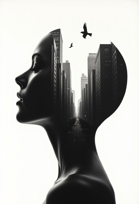 silhouette of a person's head, within which there appears to be a cityscape with buildings. (birds FLY BETWEEN BUILDINGS, INTO THE DISTANCE), giving a sense of openness and freedom. The visual style blends the human form with an urban landscape. The monochrome tones