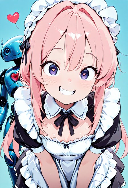 masterpiece, best quality, amazing quality,   CivChan, pink hair, purple eyes, maid uniform,   CivBot, 1girl, long hair, breasts, looking at viewer, blush, smile, bangs, simple background, dress, ribbon, hair between eyes, purple eyes, pink hair, short sleeves, heart, small breasts, frills, teeth, puffy sleeves, grin, apron, black dress, puffy short sleeves, maid, maid headdress, black ribbon, neck ribbon, detached collar, blue background, hair intakes, white apron,   <lora:CivChanIllustrious:1.0>,  <lora:CivBotIXL_v1:1.0>,