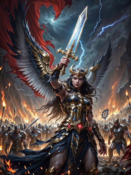 VALHERO, art, painting,score_9, score_8_up, score_7_up, Portrait, An intense and dramatic scene of a Valkyrie in the midst of a fierce battle, her sword flashing with divine light as she clashes against towering foes on a chaotic battlefield. Her armor, adorned with glowing runes and feathered accents, is smeared with blood and ash, yet it gleams with the unyielding power of her celestial origins. Her long, raven-black hair flows wildly beneath her winged helmet, and her piercing gaze is locked on the enemy before her.   <lora:Heroes_of_Valhalla_PONY:1.0>