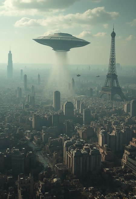 a large city filled with lots of tall buildings, a detailed matte painting, by Raphaël Collin, digital art, ufo flying over paris, world of war spaceships, wideshot, amazingly composed image, naboo, in the foreground paris, 2077, benjamin vnuk, alexey egorov, dirk dzimirsky, paris, futuristic