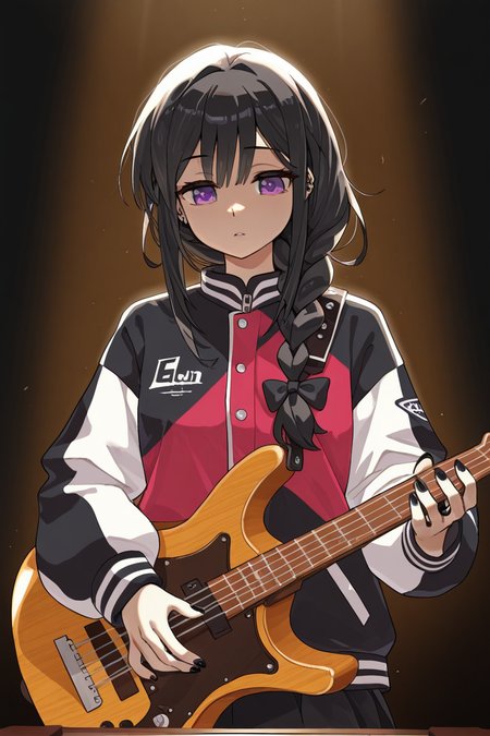 masterpiece, best quality, amazing quality,
 <lora:Lango_IL:1> lango, 1girl, multicolored jacket, two-tone jacket, black nails, solo, instrument, braid, jacket, multicolored clothes, hair over shoulder, bow, holding instrument, hair bow, black bow, purple eyes, holding, single braid