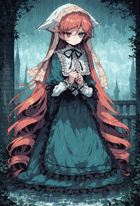 score_9, score_8_up, score_7_up, score_6_up, score_5_up, score_4_up,<lora:d3p1x3lXLP:1> , source_anime, d3p1x3l, pixel art, 1girl,alone,kneeling, (hill:1.2),top of a hill,girl on top of a hill, rain, wet, wet surface, <lora:Rain (pony) v1:1>,<lora:Pony_DetailV2.0:1>, suiseiseki, green dress, corset, sad, castle, gothic, 