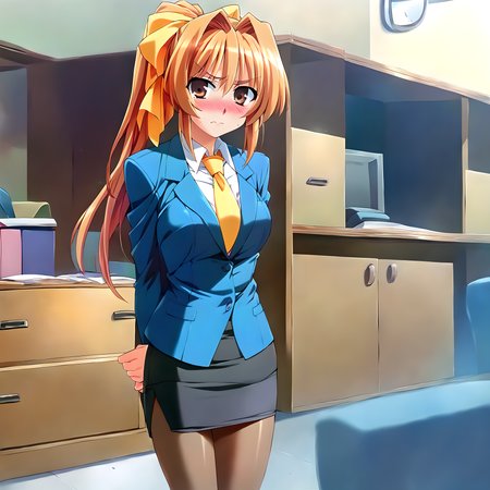 <lora:pony_xl_rumi:0.8>,rumi,score_9,score_8_up,score_7_up,source_anime,1girl,solo,orange hair ribbon,ponytail,blue suit,long_sleeves,white collared shirt,yellow tie,pencil skirt,pantyhose,office,night,arms_behind_back,standing,blush,embarrass,inflate your cheeks,cowboy_shot,looking_at_viewer,front view,