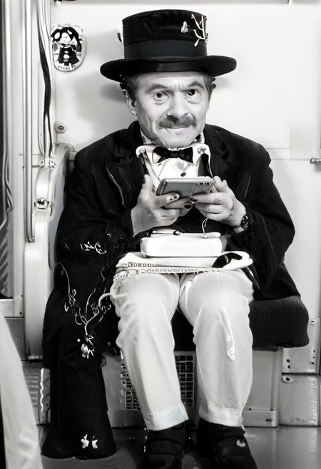 (((black and white, legsonthetra1n, from front, sitting across from viewer, train interior, holding phone, leg focus))),((small man with mustache, top hat, kenbis, chibi, chibi, male only, male, male chibi, monocle, art deco, thick mustache, comically large mustache, handlebar mustache, tiny, multiple men, shrunk, microxl, some little guys,  high angle, from above)), bwMovies, realistic, photo, vintage photo, ((very small man, small man, a small man, a man who is small, a small man)), an unapologetically small human male, black and white, smiling, very happy, euphoric, ecstatic, wonderful small men, large smile, huge smile