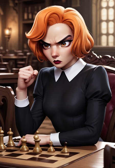 score 9, score 8, score 7, score 6, 1
girl, solo, bethh, upper body, sitting on a chair, sitting at a desk, looking a chess board on the table, focused, determined, black dress, collared dress, bethhb, orange hair, orange eyes, makeup, lipstick, lips, hands on table, 
tavern background, 
small breasts, zPDXL, from the side,