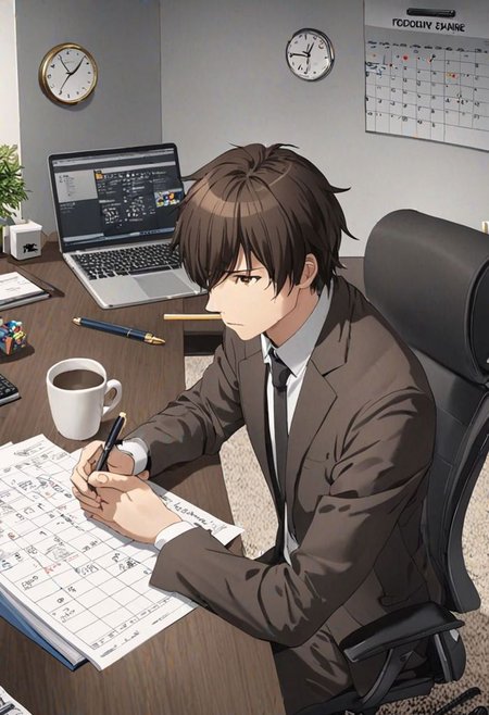 Highres, Masterpiece, High Quality, 4K, 8K, solo, 1Boy, Seiya Kanie, short dark brown hair, golden eyes, worker, working, office space, office desk, white wall, carpet floor, office chair, sitting, concentration, focus, think, fidget, pen, notepad, laptop, coffee, water bottle, document, calendar, calculator, wall clock, easynegative, detailed_eye_model