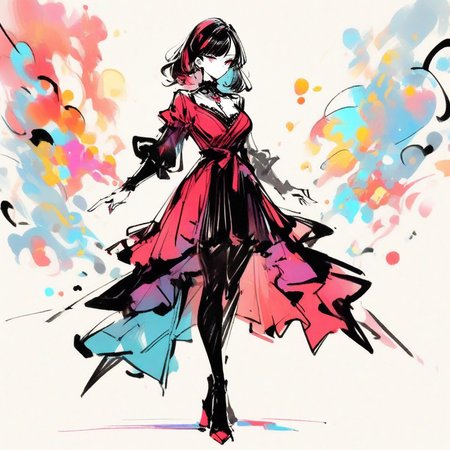 inksketch, a woman, colorful, full body, beautiful red and black dress