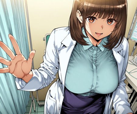 masterpiece, best quality, amazing quality, sfw, 1girl, solo, shirt,  lab coat, skirt, medium hair, hospital,  smile, open mouth,  looking at viewer,  <lora:Ashiomi Masato style ILL-v2:1> ashiomimasato