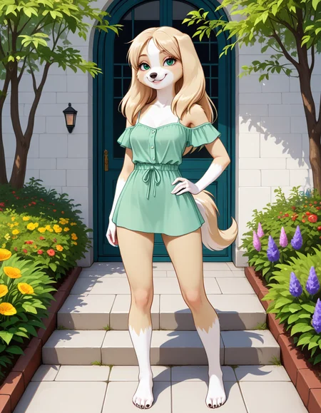 masterpiece, best quality, very aesthetic, absurdres,
outdoors, casual, 
standing, posing, 
full body, seductive smile, parted lips, long eyelashes,
<lora:Kelsey_v01_NAIXL:1>
Ke1s3y,1girl,solo,furry,furry female, dog girl, long hair, blonde hair, dog ears, green eyes, snout, animal nose, body fur, two-tone fur, yellow fur, white fur, dog tail,