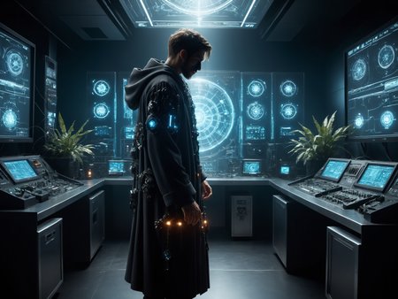cinematic photo with dramatic lighting, dynamic pose,man performing a test in cyberpunk laboratory, holographic interface,  mad-hrmtcwzrd, hooded_robe, intricately ornated,  magical items, mushrooms, glowing plants, light rays, dust, smoke <lora:Neon_Cyberpunk_SDXL_Hermetic_Wizard:0.7>, masterpiece, best quality, ultra high res, (photorealistic, realistic:1.2), deep shadow, raw photo, film grain, Fujifilm XT3, 8k uhd, dslr