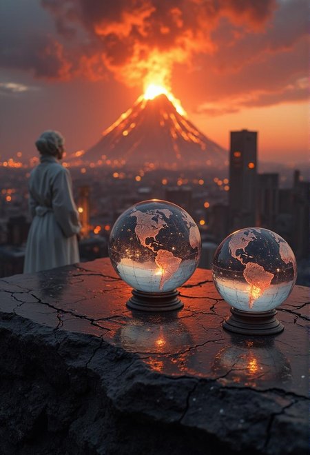 <lora:Dark_Fantasy_Anime-000021.safetensors:1> intricately textured, with subtle shadows cast, capturing light in a lifelike manner. glint subtly in the diffused light filtering, the surrounding environment is meticulously detailed
In the heart of a once-peaceful city, now shrouded in a layer of ash, stands a trio of crystal globes. These faceted glass spheres, each depicting a detailed map of the world in soft, transparent hues, are a stark contrast to the desolate landscape around them. The globes, crafted from high-quality glass and meticulously designed, reflect the volcanic glow casting an eerie, yet mesmerizing light. The sleek, glossy surface of the table on which they rest is now marred by a thin layer of ash, adding a gritty texture to the scene.
The air is thick with the scent of sulfur, and the sky is a haunting blend of deep reds and oranges as the dormant volcano awakens. Soft bokeh lights, now dimmed by the ash, cast a gentle, almost ethereal glow around the globes, enhancing their sophisticated ambiance. The ground beneath the table is cracked, with occasional wisps of steam rising from the fissures, hinting at the molten lava flowing just beneath the surface.
In the distance, the silhouette of a city is barely visible through the ash cloud, its towers and domes reduced to shadows. A figure, a middle-aged woman with a veil of ash on her finely embroidered robes, stands in awe, her eyes fixed on the globes. The raw power of nature is on full display, yet the beauty of the globes remains, a testament to the enduring human spirit in the face of overwhelming odds.