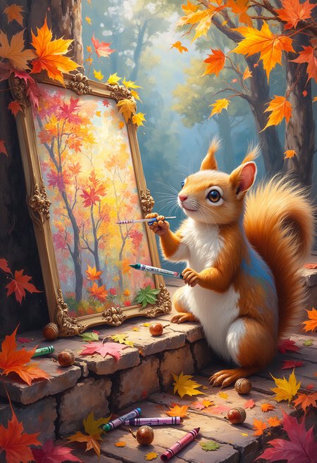 A cheeky squirrel sits on the corner of a frame with a bundle of crayons, feverishly drawing a scene of an autumn forest. Leaves and acorns tumble out of the frame, blending with the real-world floor. The squirrelâs fur has streaks of the colors itâs usingâorange, red, and golden huesâand it looks delighted with its work, vibrant glow