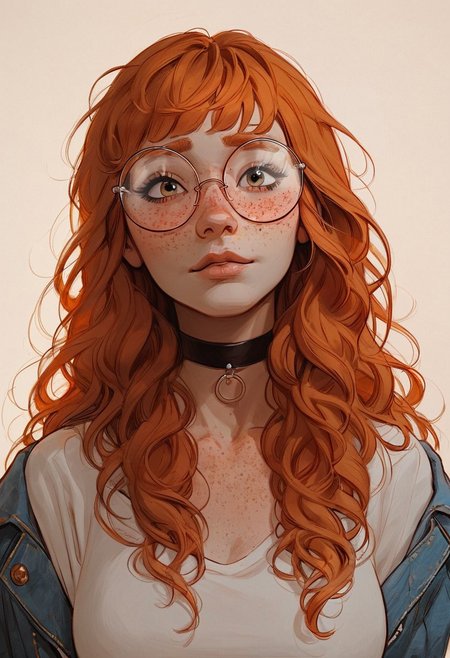 score_9, score_8_up, score_8_up, 1 Caucasian ginger girl, 1 girl, ginger hair, ((long hair)), ((bangs)), wavy hair, choker, portrait, nervous, looking up at viewer, blushing, happy to see viewer, POV, round aesthetic glasses, ((freckles, streetwear, oversized jeans)), average tits, teardrop shaped tits, fit body, thin waists, beautiful, day lighting, negative_hand, g0thicPXL, GTA