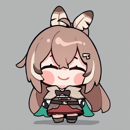 masterpiece, best quality, newest, chibi, full body, blush stickers, closed eyes, solo, 1girl, N4nashiDef, smile, standing, ^ ^, brown hair, long hair, streaked sidelocks, ahoge, ponytail, feather hair tie, hairclip, brown capelet, brown bowtie, two-sided cape, green cape, white shirt, high collar, cleavage cutout, brown corset, partially fingerless gloves, black gloves, brown belt, belt pouch, sheathed, red skirt, uneven legwear, black thighhigh, black kneehigh, ankle boots, simple background
<segment:yolo-Anzhc Face seg 640 v3 y11n.pt,0.4,0.6//cid=11>