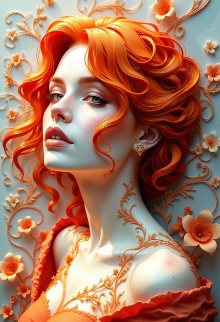 A beautiful and artistic paper cutout composition depicting a Ginger Beauty in an elegant, handcrafted style. The compositions are intricately cut from high-quality textured paper, with soft shadows cast onto the background, adding depth and dimension. Surrounding the female are delicate paper cutout flowers, and swirling decorative elements. The lighting is soft and warm, enhancing the texture of the paper and giving the scene a handmade aesthetic. The background is complementary colored in a softly blurred gradient to keep the focus on the intricate details of the paper art