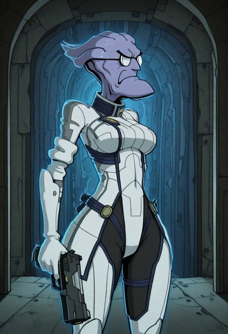 Masterpiece, best quality, absurdres, high detail, 1boy, solo, cartoon,  Eustace, Bagge, (sharp chin, pointy chin:1.2), glasses, grumpy expression, detailed face, dark blue skin, medium breasts, white and blue armor, bodysuit, colored skin, holding a pistol, futuristic spaceship background, detailed background, pistol