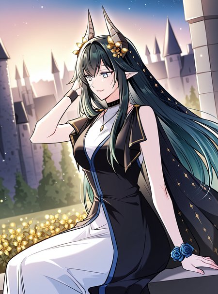 <lora:Regressor_Instruction_Manual__Dialugia:1>
1 girl, solo, long hair, straight hair, black hair, greenish blue hair, gradient hair, bangs, hair ornament, golden flowers, elf ears, horned girl, horns, 
white dress, black outer robe, blue lining, blue trim, black cloak, starry cloak, layered outfit, black and gold accents, golden trim, choker, black choker, sleeveless dress, long dress, open cloak, necklace, blue rose bracelet
score_9, score_8_up, score_7_up, very aesthetic, source_anime, detailed, high quality, beautiful, masterpiece, detailed eyes, castle, village, blurry background, cityscape, pose dynamic angle, light smile, open mouth, hand on hair, sitting