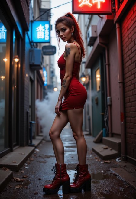 the setting is a post apocalypse city street, neon japanese signage, sky scrapers in background, side view, head turned to look at viewer, steam and smoke rise from a drain, standing at the entrance to an alleyway with a blue neon sign above the entrance, full length with entire body in the frame,
18 year old, LiviaFerreira, pale skin woman, petite, delicate facial features, spanish, red wavy hair, long heavy dark eye lashes,
skinny, perfect arms, perfect hands, perfect face, symetrical face, very long hair in a pony tail, solo, gothic style makeup, ear rings, studded nose, tattoos on arms, tattoos on thighs, perfect pout, small chest, 1girl, full body, perfect proportions, perfect stomach, standing, perfect legs, thigh gap, small feet, thick thighs, chunky thighs,
pose, legs apart, view from the back, perfect ass, underbutt, wearing red goth skimpy top, red micro short skirt with studs and chains, studded fingerless leather wrist length gloves, red studded biker boots with platform rubber sole,  her clothes should be outlined with red neon lighting and her face atmospherically lit with red lighting, her eyes should be a piercing green,