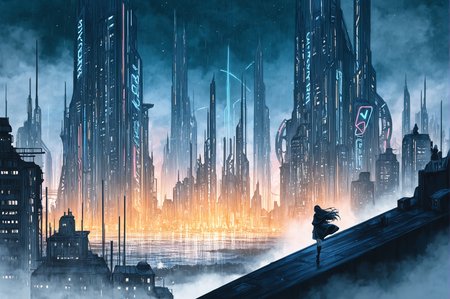 masterpiece, best quality, amazing quality, very aesthetic, high resolution, ultra-detailed, absurdres, newest, rim light, (watercolor_\(artwork\):1),<lora:WCXLN2dot0:0.5>, city in distance, science fiction, landscape, smog, fog, neon signs, neon lights, midnight,