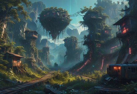 "You're a passenger travelling first class on a train without a roof. This current portion of the journey, the , gaining altitude to eventually arrive at the mountain pass off in the distance. Looking straight ahead, you see that the tracks are flanked on either side by towering forest. The canopy of the forest is remarkably adorned with (a network of tree-houses of neo-brutalist curved design." ((cinematic concept-art illustration, low angle, rectilinear composition)),(neon nightmare fantasy fever dream),