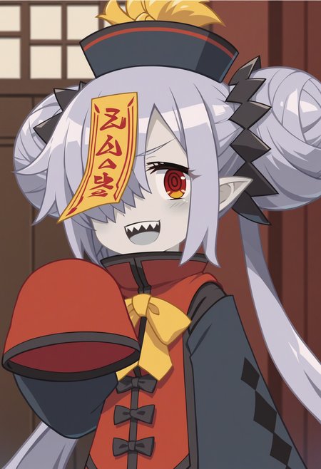 score_9, score_8_up, score_7_up, score_6_up, score_5_up, score_4_up , anime coloring ,BREAK source_anime, anime,screencap,
1girl, solo, zmaiden, black headwear, long sleeves, hair ornament, chinese clothes, sleeves past fingers, ofuda, jiangshi, <lora:PonyXL Disgaea ZMaiden V1:0.8>
indoors,upper body, 
smile, open mouth, sharp teeth, looking at viewer,