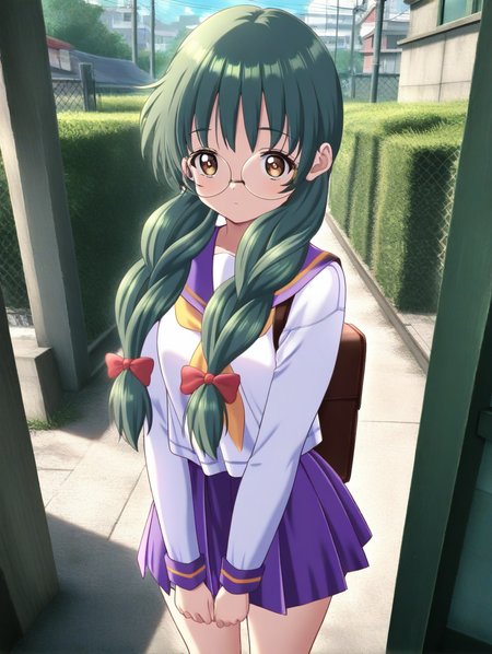 masterpiece,best quality,amazing quality,very aesthetic,absurdres,newest,scenery,<lora:Saitou Chihiro_ilxl_v1-000010:1>,1girl,solo,glasses,green hair,braid,twin braids,school uniform,hair over shoulder,long hair,standing,looking at viewer,round eyewear,serafuku,brown eyes,long sleeves,twintails,bow,saitou chihiro,