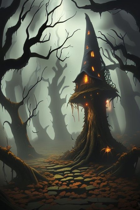 super realistic image of ((evil)), ((witch)), background forest wooden