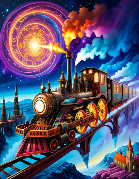 A surreal, steampunk-inspired painting of a fantastical train speeding through deep space, in the distinctive style of JarosÅaw Jasnikowski. The train is elongated, with exaggerated mechanical partsâgears, pistons, brass pipes, and rotating turbinesâinterwoven with intricate ornamentation and impossible engineering. The locomotive defies gravity, riding on luminous rails made of light and energy that twist and spiral into the cosmic void. Stars, nebulae, and strange planetary bodies fill the background, glowing in vibrant hues of violet, blue, and crimson. The train's engine emits streams of golden steam and electric sparks that blend into the surrounding stardust. Elements of surreal architectureâfloating domes, clock towers, and spiresâdrift alongside the train, evoking a dreamlike journey through a mechanical universe. The atmosphere is otherworldly, with dramatic lighting, long shadows, and rich, metallic textures. The entire composition has a dreamlike, metaphysical quality, with exaggerated perspective and impossible physics, capturing Jasnikowskiâs unique visual language.<lora:SDXLFaeTastic2400:0.4> <lora:extremely_detailed:0.4> extremely detailed, <lora:JarosÅaw_J4sn1k0wsk1_r1:1>,JarosÅaw J4sn1k0wsk1, Masterpiece,best quality,hi res,8k,hi res,8k,award winning,(sharp focus, intricate, highly detailed),