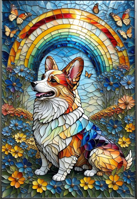 lazypos, glass shard, a masterpiece stained glass mural, noble pembroke welsh corgi in a garden of wild blue flowers under a rainbow sky, surrounded by butterflies, playful, highly detailed