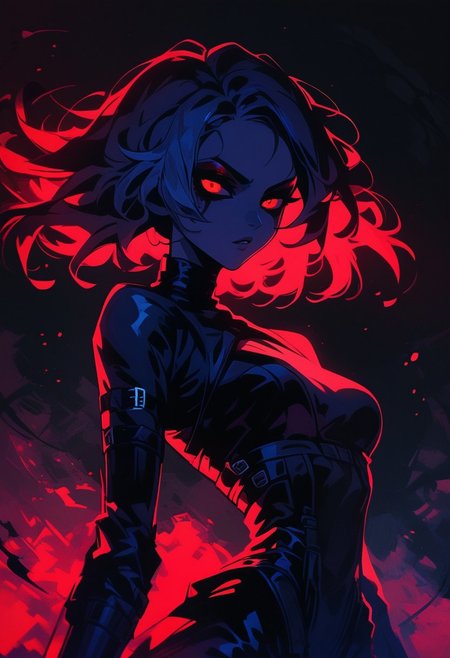 score_9, score_8_up, score_7_up, score_6_up, NLSTN, 1girl, red eyes, black background, 1girl, dark, black bodysuit, suggestive pose, dynamic pose, moonlight, perfect female waist, halftone lighting, makeup, eyeliner, eyeshadow, mascara, glowing, dark