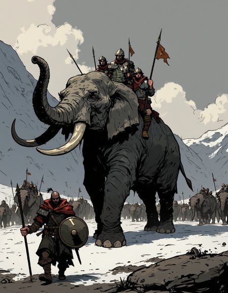 Ev Ganin style. An illustration of a large elephant in a snowy mountainous landscape, in a Punic battles. The background is filled with snow-covered mountains and a cloudy sky.
A group of warrior riding on the back of an elephant. The elephant is walking on a muddy ground with other elephants in the background. The warrios on the elephant are dressed like Hannibal Barca's army. The sky is overcast and the overall mood of the image is tense and chaotic.
In front of the elephant, there is a warrior wearing a red cloak and carrying a spear, a sword and shield, walking towards it. The overall mood of the illustration is dark and ominous, with a sense of danger. <lora:Ev_Ganin:1.0>